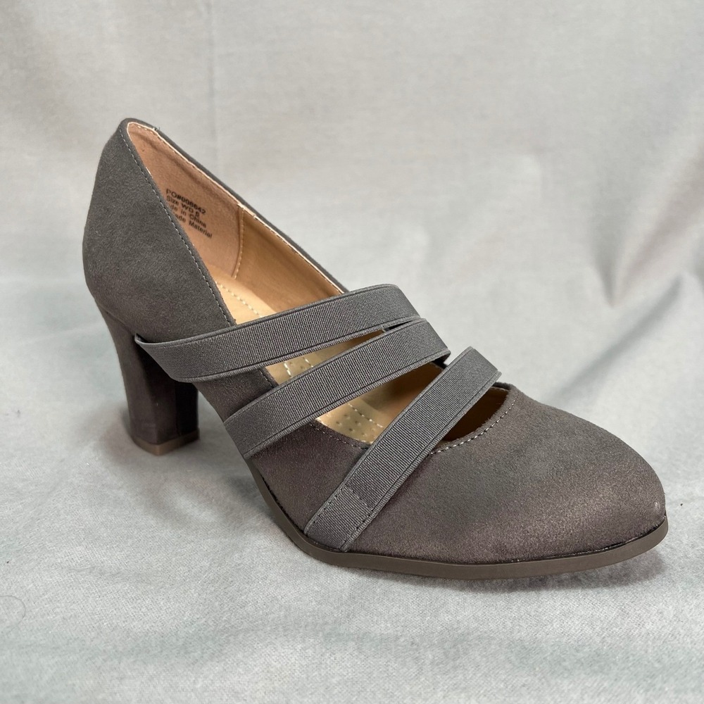 Journee Collection Loren Gray Block Heel Pumps Elastic Straps Faux Suede  6 WIDE